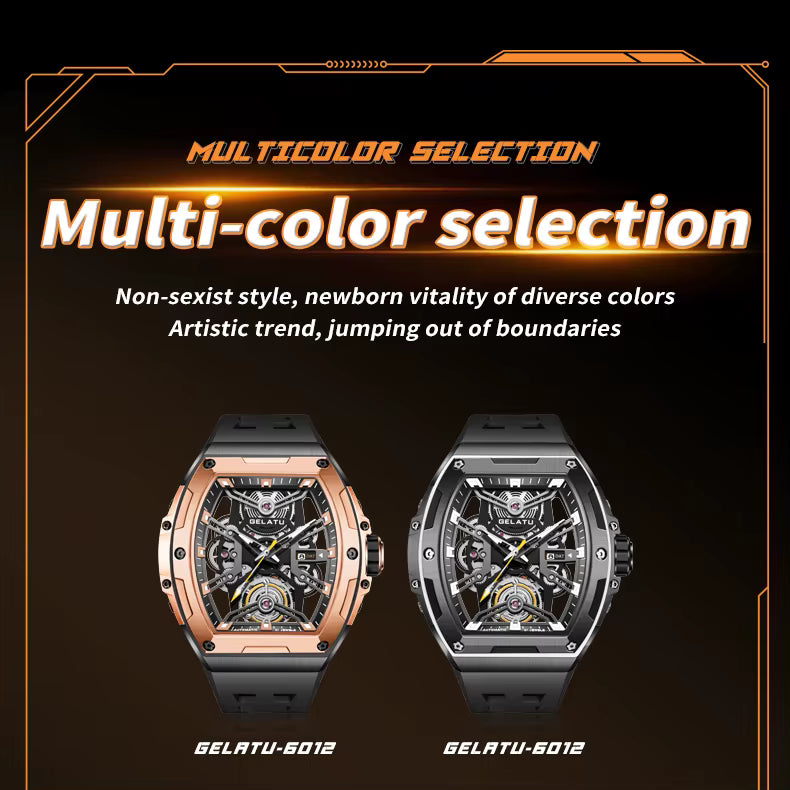 Luxury motorsport-inspired men's watches in rose gold and black designs with visible skeleton dials.