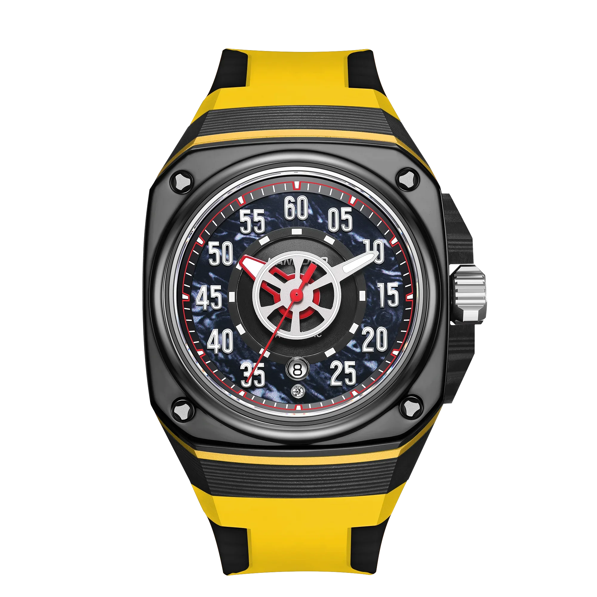Racing-inspired luxury watch with a bold black and yellow strap, sport dial, and modern design