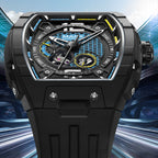 Luxury motorsport-inspired watch with skeleton dial, bold black case, and sporty rubber strap
