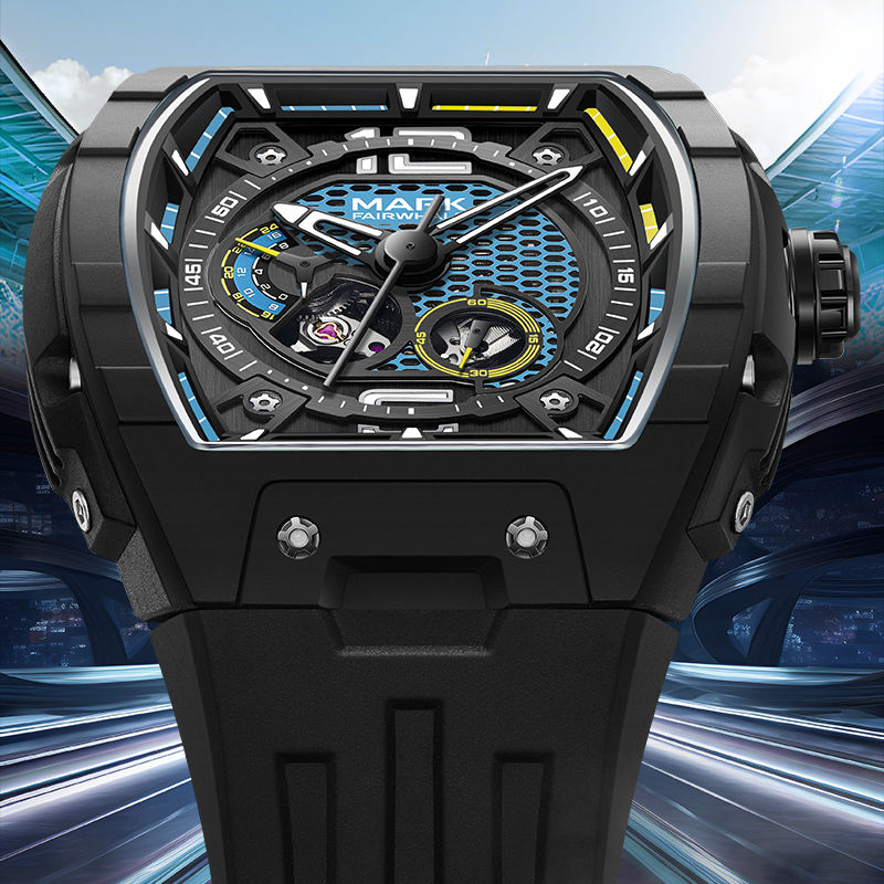 Luxury motorsport-inspired watch with skeleton dial, bold black case, and sporty rubber strap