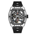 Luxury skeleton sport watch with tonneau case, black rubber strap, and exposed mechanical movement