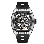 Luxury skeleton sport watch with tonneau case, black rubber strap, and exposed mechanical movement