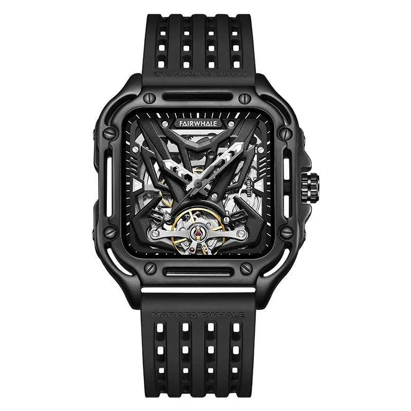 Skeleton dial luxury sport watch with black square case, exposed movement, and black perforated strap