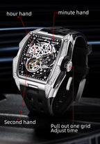 Luxury sport-inspired skeleton watch with labeled hour, minute, and second hands, black strap
