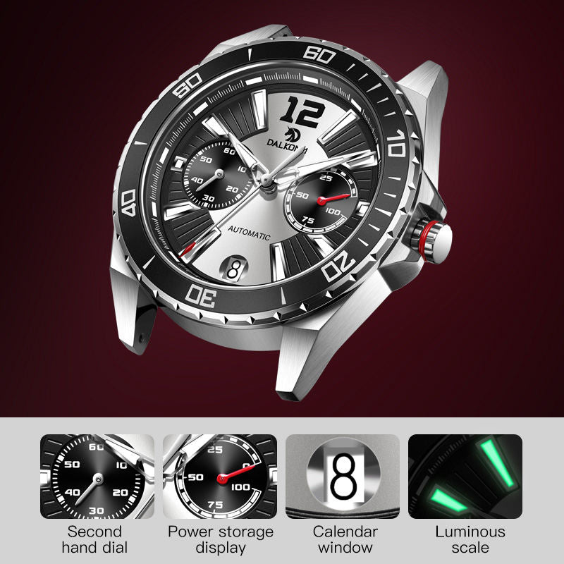 Luxury racing-inspired automatic watch with chronograph, luminous markers, and calendar window