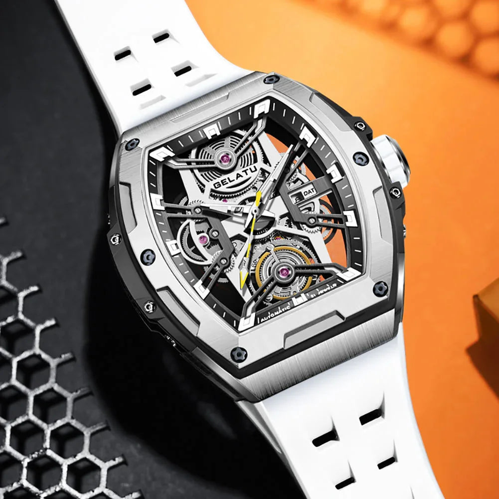 Luxury skeleton dial sport watch with tonneau case, white strap, motorsport-inspired design