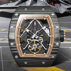 Luxury motorsport-inspired skeleton watch with carbon fiber case and bold gold accents