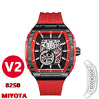 Motorsport-inspired red and black tonneau watch with skeleton dial and bold sport style