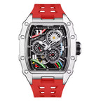 Motorsport-inspired luxury watch with skeleton dial, bold red strap, and multi-color chronograph accents