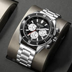 Motorsport-inspired stainless steel chronograph watch with black bezel and silver bracelet