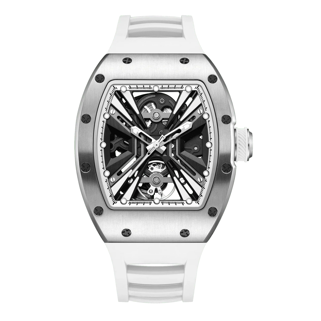 Luxury skeleton dial watch with white rubber strap, inspired by motorsport and European design