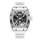 Luxury skeleton dial watch with white rubber strap, inspired by motorsport and European design