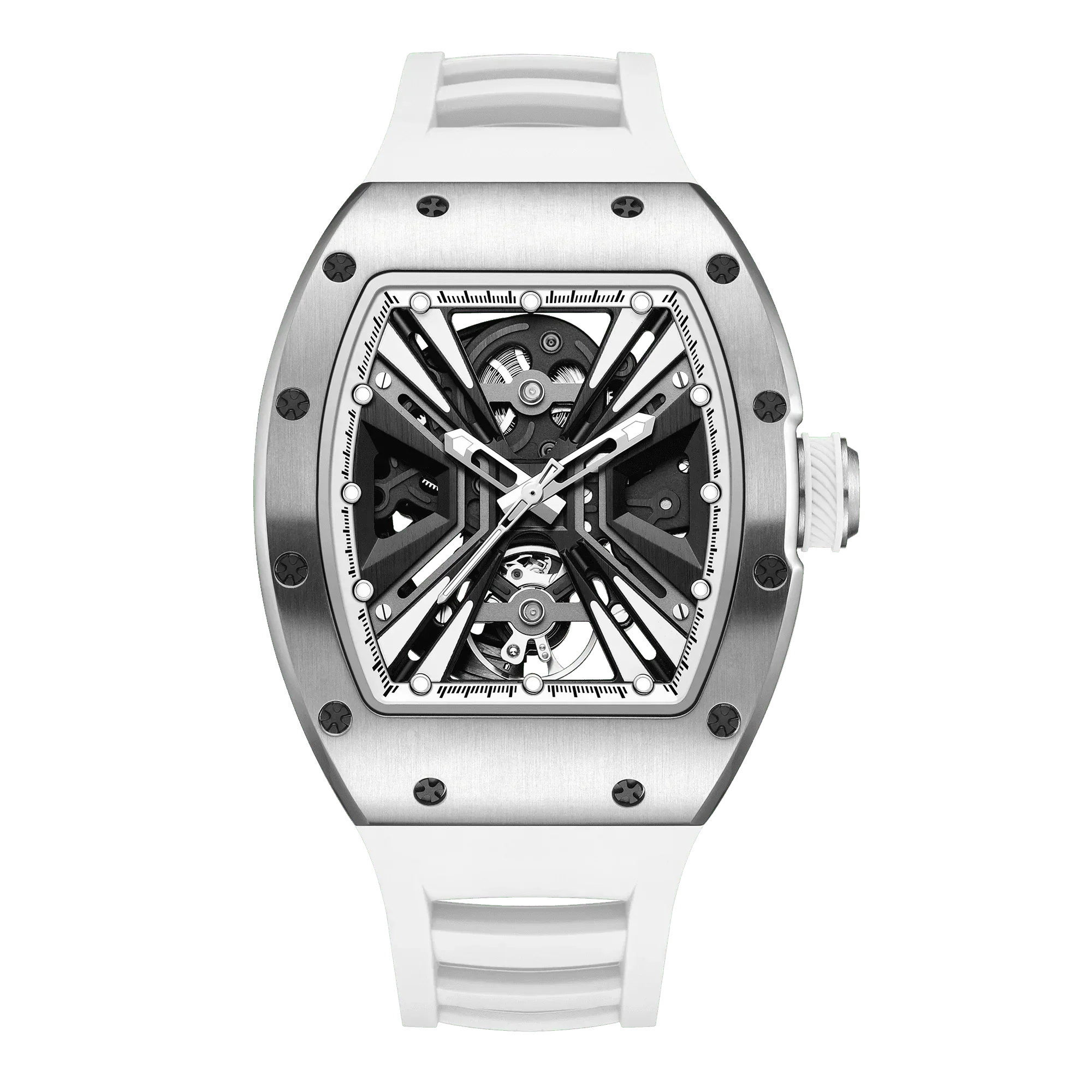 Luxury skeleton dial watch with white rubber strap, inspired by motorsport and European design