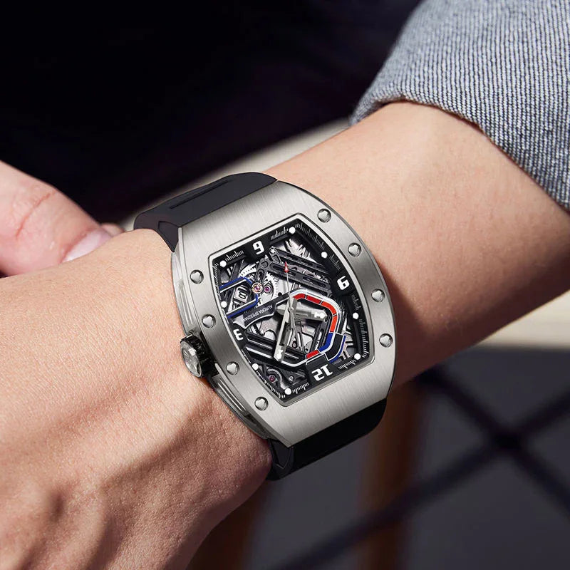 Luxury motorsport-inspired skeleton watch with tonneau case on wrist, bold dial details visible