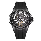 Luxury skeleton dial sport watch with black case, bold screws, and black rubber strap