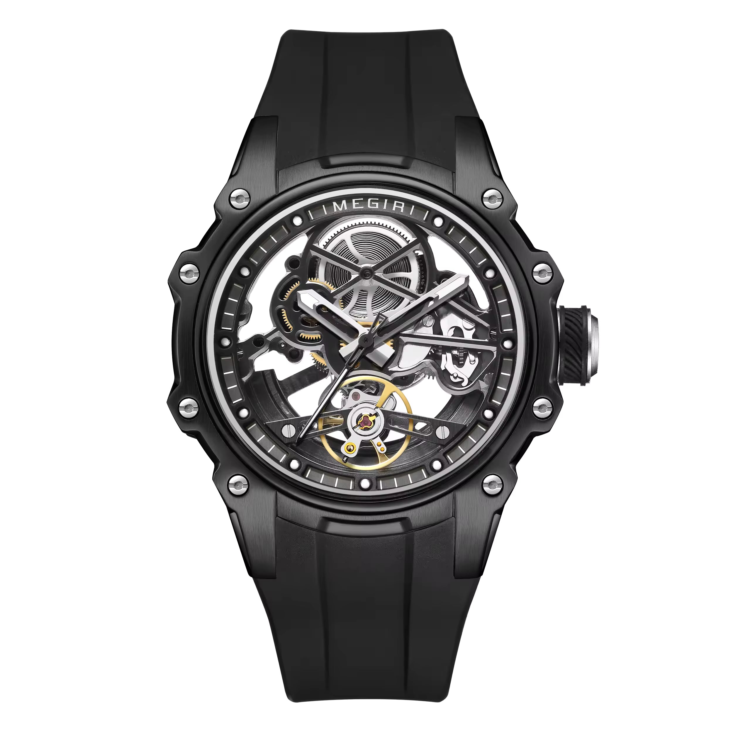 Luxury skeleton dial sport watch with black case, bold screws, and black rubber strap