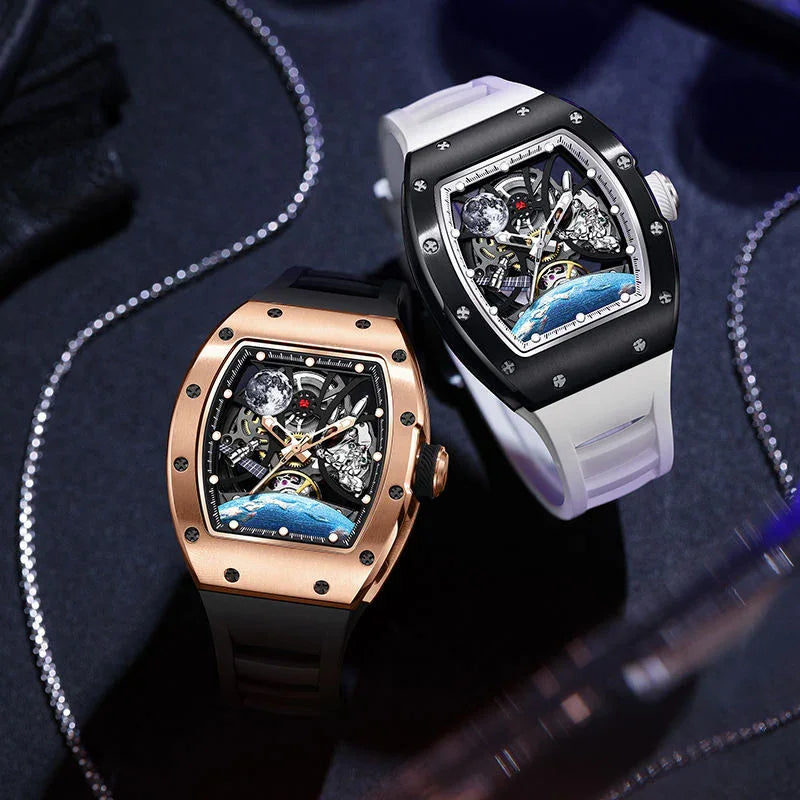 Luxury motorsport-inspired watches with skeleton dials, tonneau cases, and bold straps
