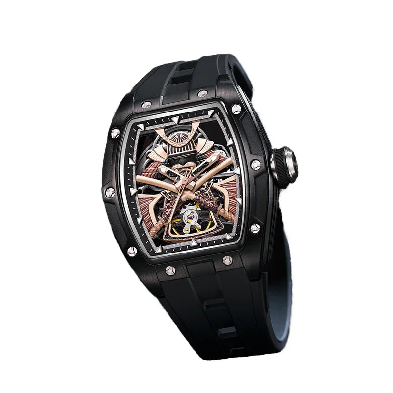 Luxury motorsport-inspired skeleton watch with black case, gold accents, and sporty rubber strap