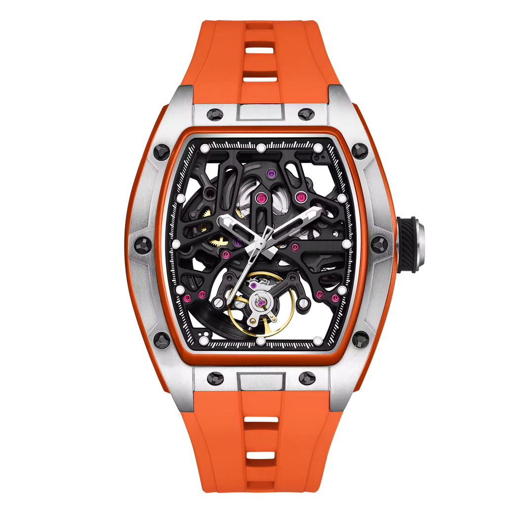 Skeletonized racing-inspired luxury watch with orange rubber strap and bold tonneau case