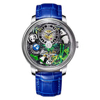 Luxury sport-inspired watch with blue leather strap, open skeleton dial, panda and bamboo motifs