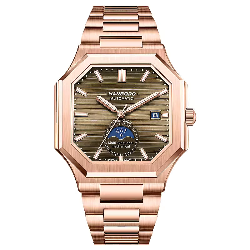 Rose gold octagonal automatic sport-luxury watch with green dial, date and day subdial