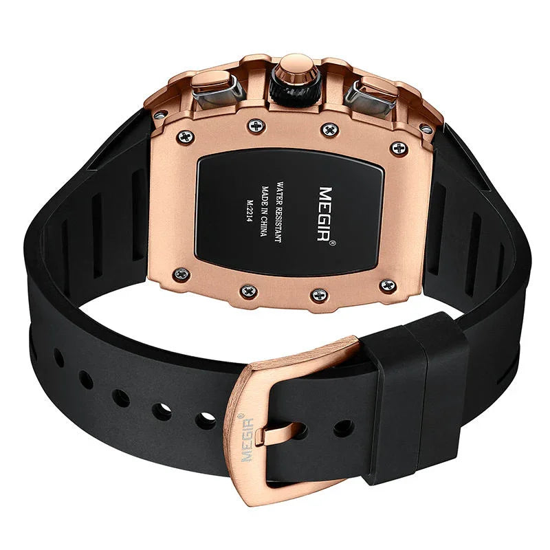 Luxury sport-inspired watch with rose gold case, black silicone strap, and bold detailing