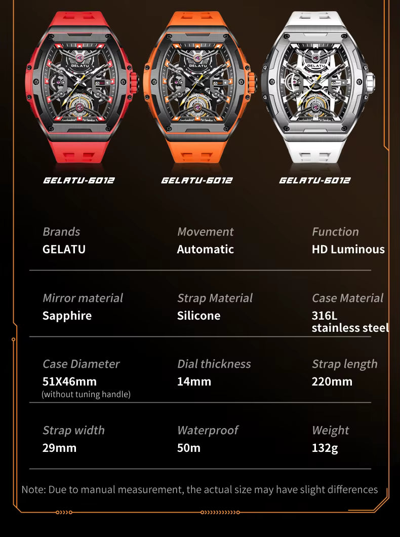 Three sport-luxury automatic watches with bold silicone straps, skeleton dials, and luminous hands.