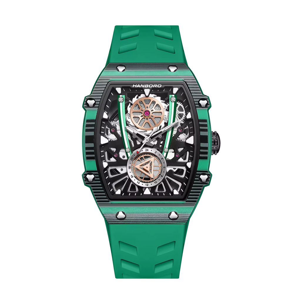 Green racing-inspired skeleton watch with bold case, exposed gears, and sport-luxury design