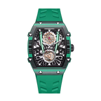 Green racing-inspired skeleton watch with bold case, exposed gears, and sport-luxury design