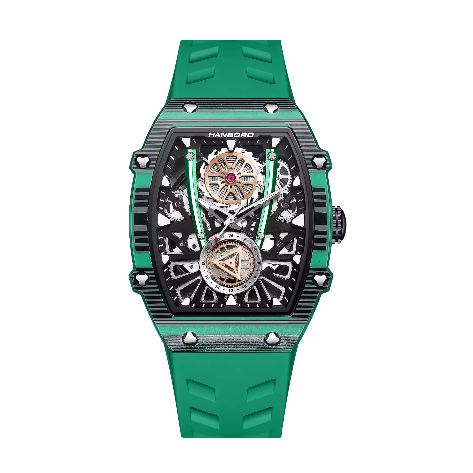 Green racing-inspired skeleton watch with bold case, exposed gears, and sport-luxury design