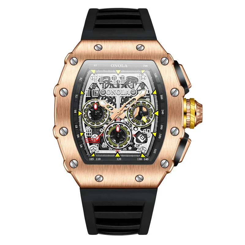 Motorsport-inspired luxury watch with rose gold case, skeleton dial, and black silicone strap