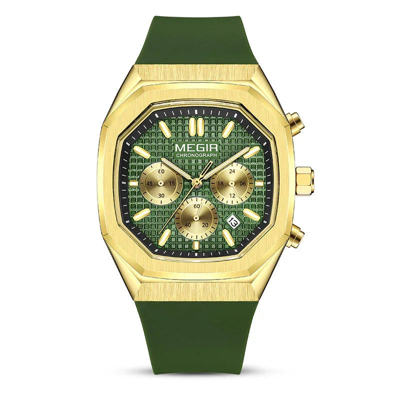 Green and gold motorsport-inspired chronograph watch with octagonal case and textured dial