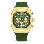 Green and gold motorsport-inspired chronograph watch with octagonal case and textured dial