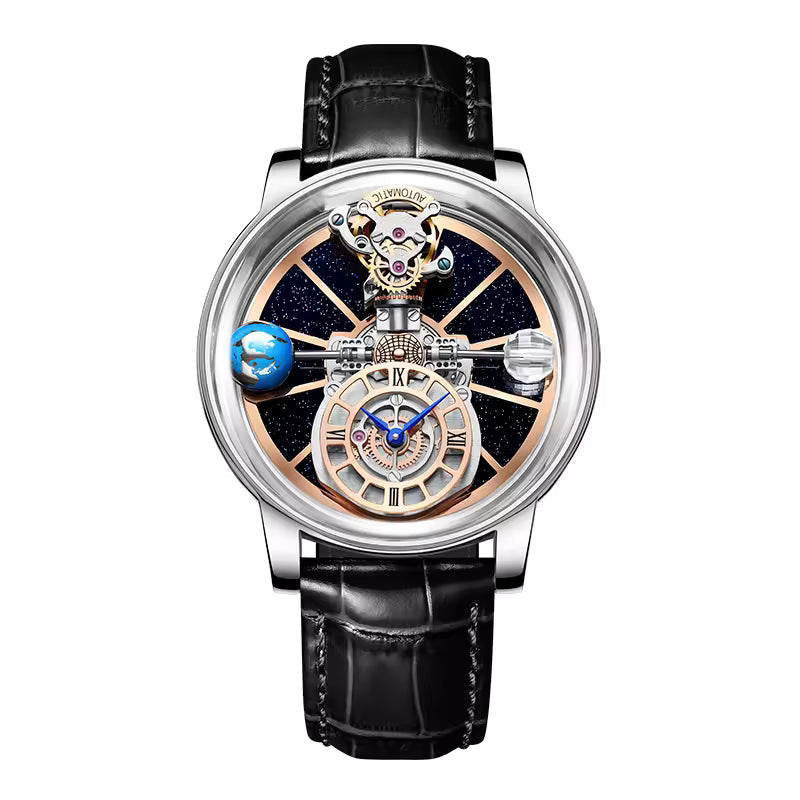 Luxury sport-inspired mechanical watch with intricate skeleton dial and leather strap