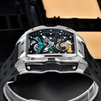 Luxury skeleton sport watch with tonneau case, exposed gears, black strap, motorsport-inspired design