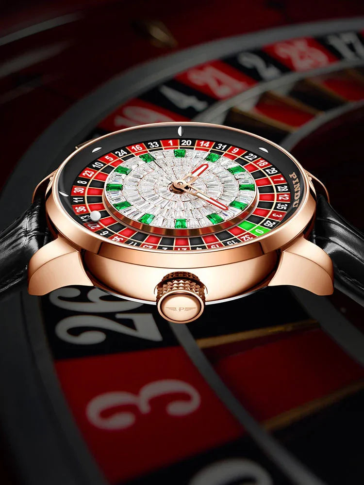 Luxury wristwatch with roulette-inspired dial, rose gold case, and black leather band