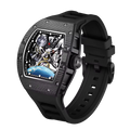 Luxury sport-inspired skeleton watch with black rubber strap, tonneau case, and space-themed dial