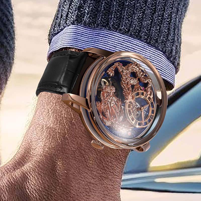 Luxury skeleton sport-inspired wristwatch with rose gold case and black leather strap