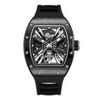 Luxury black skeleton dial watch with tonneau case, inspired by motorsport performance