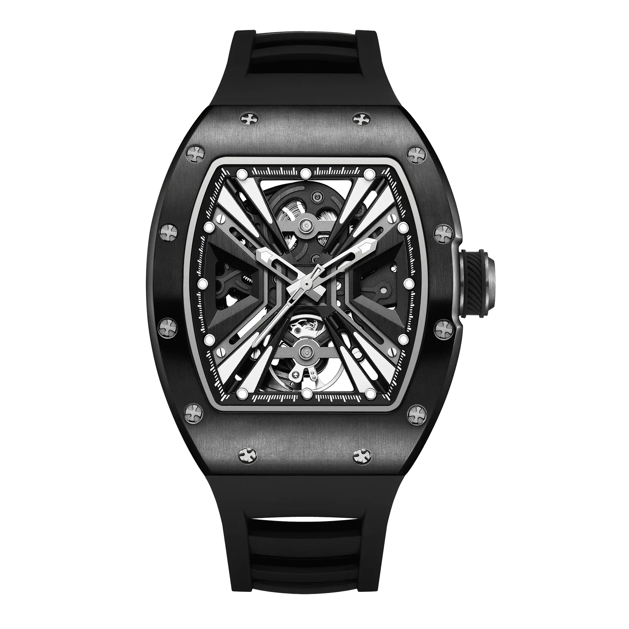 Luxury black skeleton dial watch with tonneau case, inspired by motorsport performance