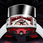 Racing-inspired sport-luxury watch with white and red case, bold dial, and chronograph features