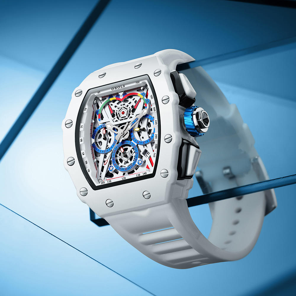 White skeleton dial racing-inspired luxury sports watch with blue accents and bold design