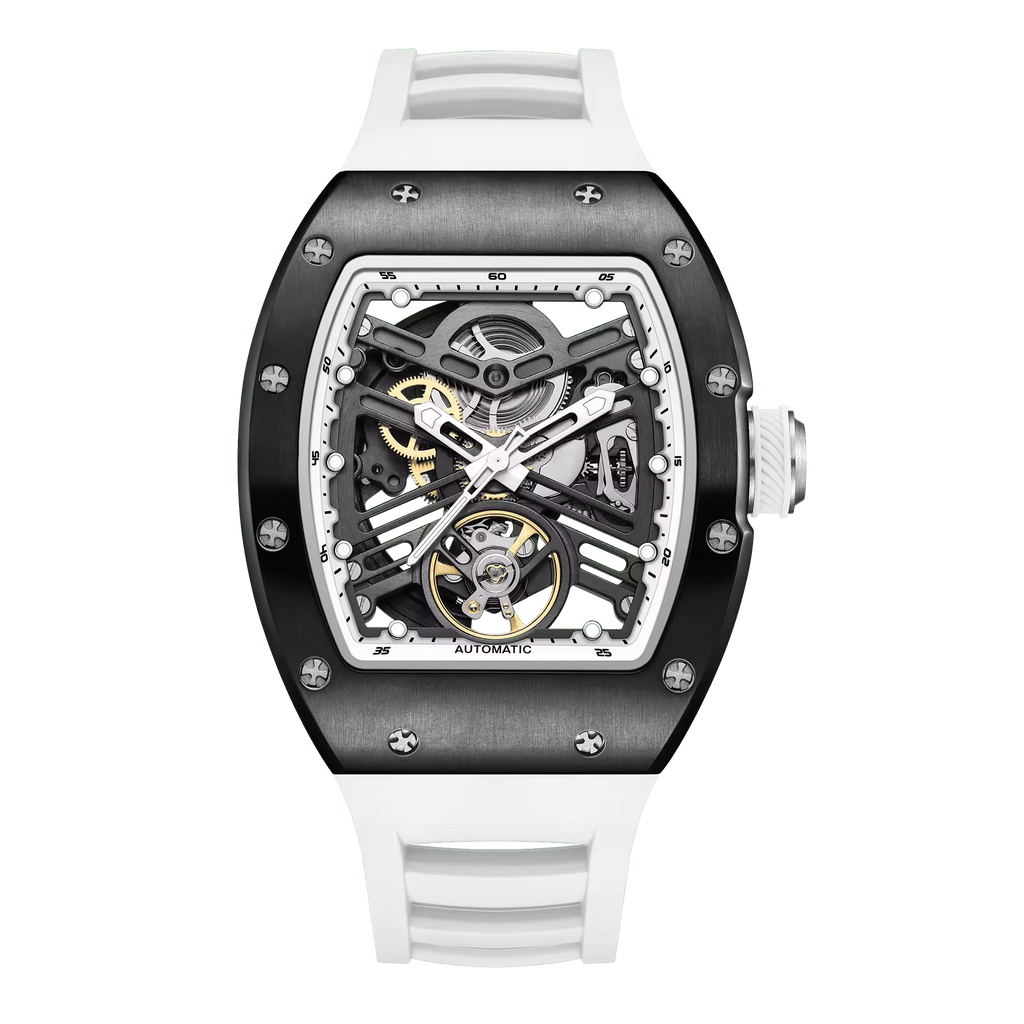Skeleton dial racing-inspired luxury watch with white band and tonneau case, motorsport style