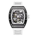 Skeleton dial racing-inspired luxury watch with white band and tonneau case, motorsport style
