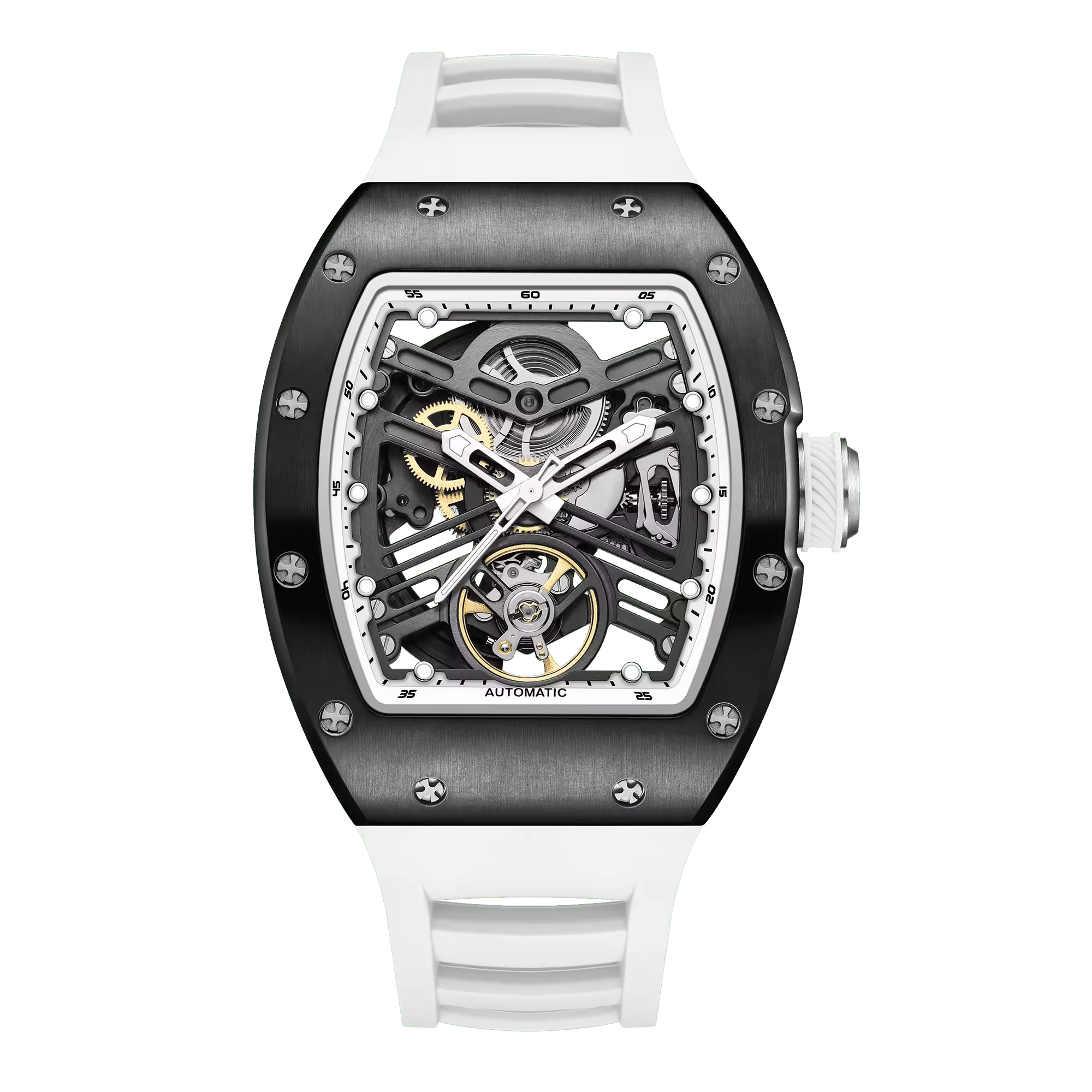 Skeleton dial racing-inspired luxury watch with white band and tonneau case, motorsport style