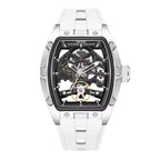 Skeleton dial sport-luxury watch with tonneau case, open gears, and white strap, motorsport-inspired design