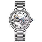 Luxury sport-inspired skeleton watch with Roman numerals, stainless steel bracelet, and mechanical movement.