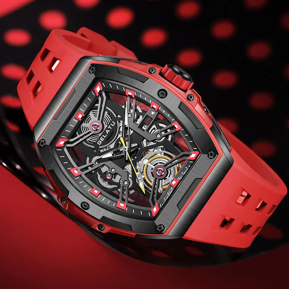 Sport-luxury watch with red strap, skeleton dial, motorsport-inspired, angular case