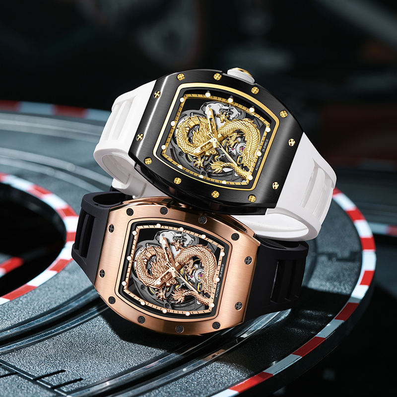 Luxury racing-inspired watches with dragon skeleton dials, bold bezels, and sporty straps