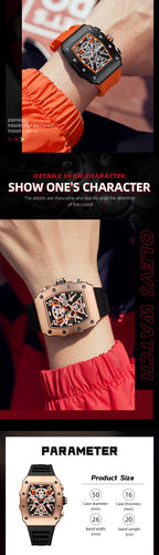 Motorsport-inspired sport-luxury watch with skeleton dial, bold case design, and colored strap